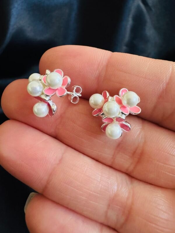 Aros Cuarteto de Flores Rosadas con Perlas