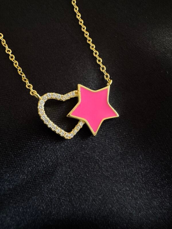 Collar Corazón Y Estrella Esmaltada Rosa